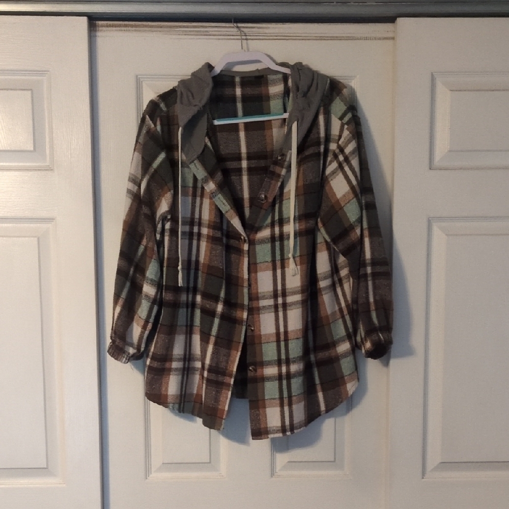 SHEIN Brown and Green Plaid Long Sleeve with Hood